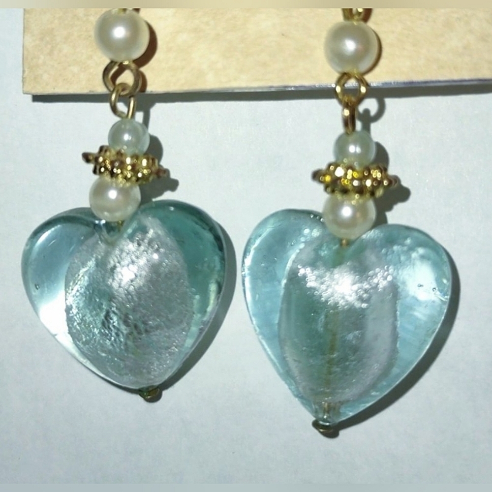 Aqua Glass Heart Dangle Earrings